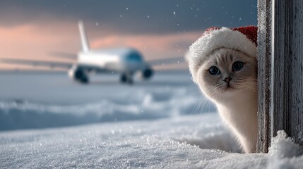 Cat in a santa hat peeks through a window as snow falls on a bright day with a modern building in the background