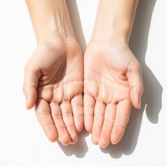 Two open hands facing upwards against a bright white background, bathed in sunlight, symbolizing receiving, gratitude, or prayer.