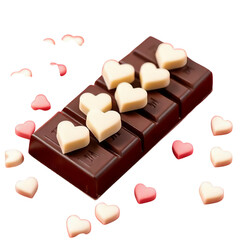 Dark chocolate bar decorated with white heart shaped candies surrounded by scattered sweets