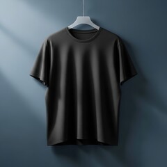 Plain black t-shirt hanging on a hanger against a blue textured wall with dramatic lighting and shadows, ready for custom design.