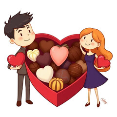 Cartoon couple holding red hearts next to giant heart shaped box filled with chocolates