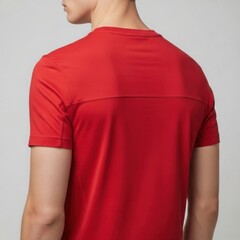 Close-up of the back of a man wearing a red t-shirt with subtle stitching details, highlighting its texture and fit.