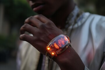 wearable gadget with glowing biometric scanner and digital feedback