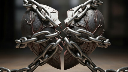 A heart bound by chains and padlocks with a sharp spike