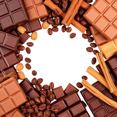 Border frame made of various chocolate bars cinnamon sticks coffee beans and hazelnut nuts