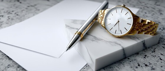 Elegant gold watch placed on marble blocks with white paper and pen in well-lit setting to show details and textures for commercial use