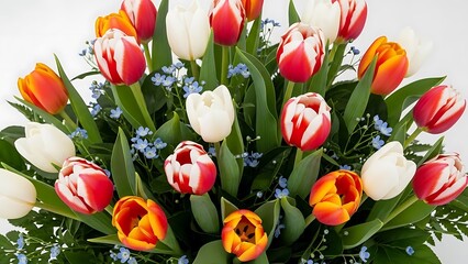 Beautiful tulip bouquet with forget me not flowers