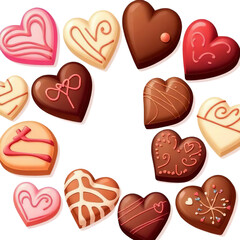 Heart shaped chocolates arranged in a circle on transparent background