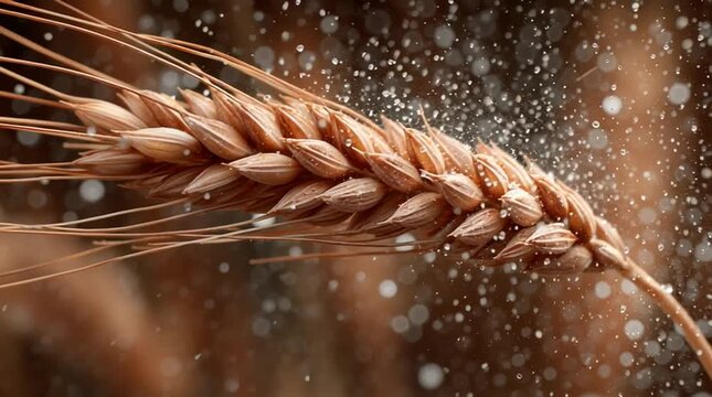An ear of wheat shaken mid-motion, seeds bursting outward and frozen in time, revealing sharp agricultural detail, energy, and the raw dynamics of harvest.
