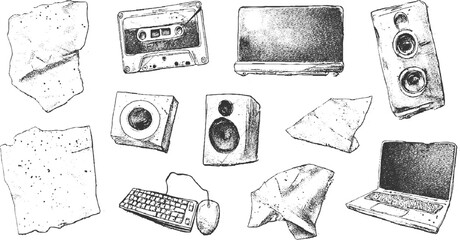 Hand drawn of vintage audio equipment and computer peripherals cassette tape player speaker © appl