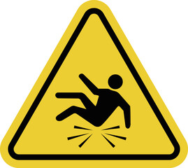 Fall hazard. Yellow warning road sign. High fall risk area. Observe safety precautions and proceed with caution. Dangerous area.