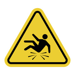 Fall hazard. Yellow warning road sign. High fall risk area. Observe safety precautions and proceed with caution. Dangerous area.