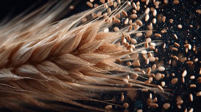 An ear of wheat shaken mid-motion, seeds bursting outward and frozen in time, revealing sharp agricultural detail, energy, and the raw dynamics of harvest.

