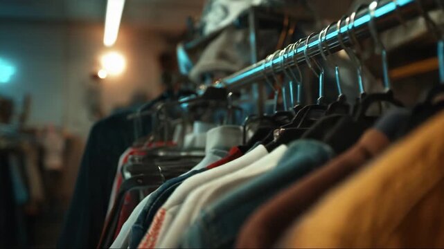 Colorful clothing hanging on rack in vintage thrift store  