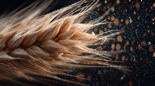 An ear of wheat shaken mid-motion, seeds bursting outward and frozen in time, revealing sharp agricultural detail, energy, and the raw dynamics of harvest.
