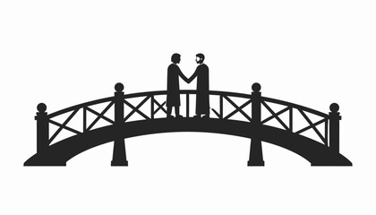 Silhouette of two business people shaking hands on a bridge, symbolizing partnership and agreement.