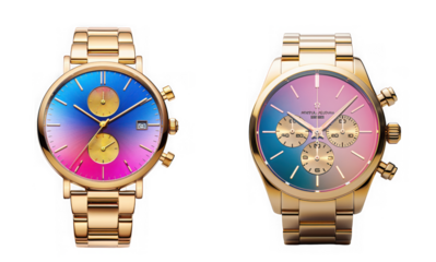 Two colorful womens watches with gold accents isolated on transparent background