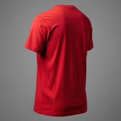 Three-quarter view of a man wearing a vivid red t-shirt, highlighting the fabric's smooth texture and athletic cut.