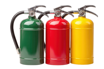 Colorful fire extinguishers isolated on transparent background. Three colorful fire extinguishers red green and yellow isolated on white background.