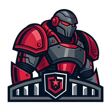 Flat Vector Heavy Battle Mech Mascot, Dark Grey and Crimson, Esport Logo Layout