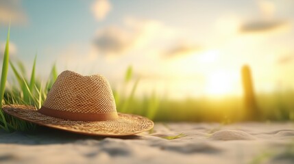 Straw hat on sandy beach at golden sunset with green grass