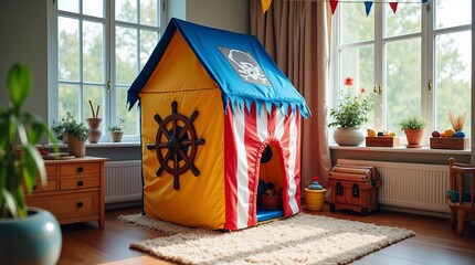 Pirate-themed play tent with vibrant colors in a cozy, sunlit children's room. Decorative plants and wooden elements add charm. Concept of playhouse for kids