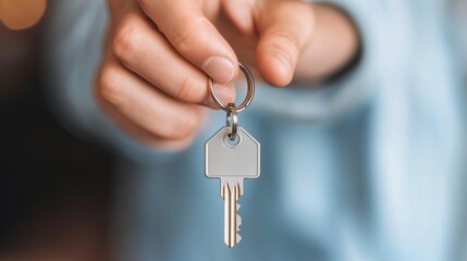 Close-up of caucasian adult holding house key with blue background