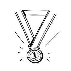 Gold medal on ribbon with number one illustrated in sketch style  