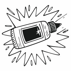 Glue bottle with splash effect in black and white illustration  