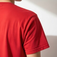 Close-up on the shoulder and sleeve of a red t-shirt worn by a man, showing fabric detail and relaxed fit.