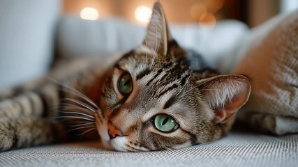 Playful cat relaxing on a cozy couch in a warm living room with soft lighting during the evening