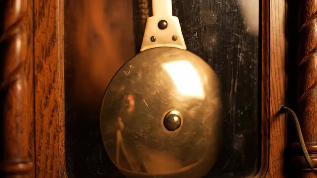 The pendulum of an antique grandfather clock swinging slowly. Rhythmic mechanical motion with warm lighting. Timeless concept