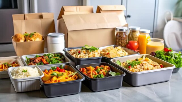 A variety of prepared meals in containers, alongside drinks and bread, ready for takeaway or delivery on a reflective surface.