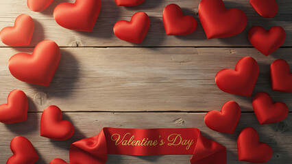 Red Satin Hearts on Wooden Plank Background with Valentine&rsquo;s Day Ribbon &mdash; Rustic Romantic Love Banner
