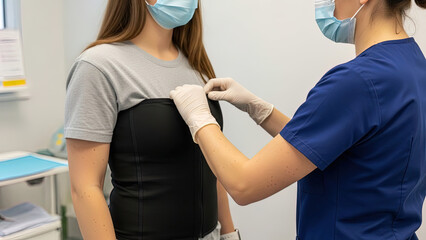 	Healthcare Professional Adjusting Post-Operative Compression Garment on Female Patient in Clinic	"healthcare