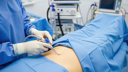 	"Surgeons hands in gloves marking patients abdomen for plastic surgery in operating room