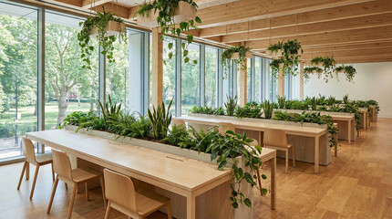 Empty Sustainable Workspace with Wooden Furniture and Green City Park View