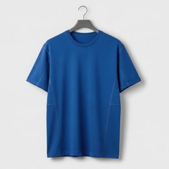 Bright blue t-shirt with unique stitching detail, hung on a hanger against a neutral background