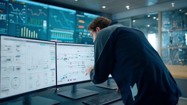 Medium shot of a technician analyzing multiple machine data streams on a cloudbased fleet monitoring dashboard in a bright modern control room.
