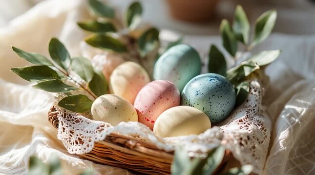 Easter basket filled with pastel hand-painted eggs, fresh boxwood leaves, and white lace cloth, bathed in soft morning sunlight with gentle bokeh in a cozy home setting.

