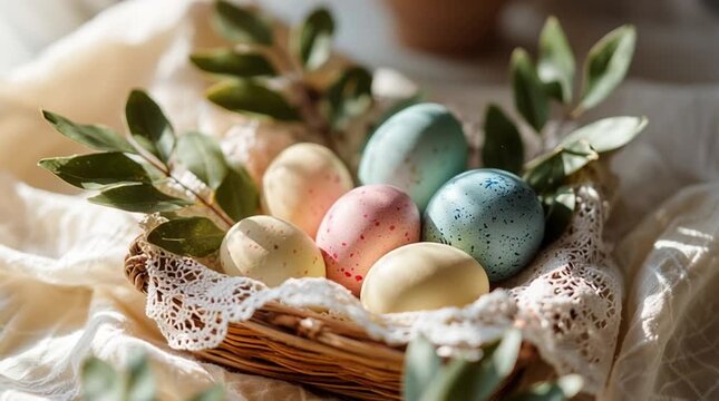 Easter basket filled with pastel hand-painted eggs, fresh boxwood leaves, and white lace cloth, bathed in soft morning sunlight with gentle bokeh in a cozy home setting.
