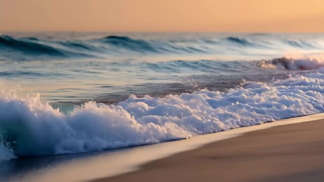A powerful wave is seen approaching the sandy beach in this captivating The gentle ebb and flow of ocean waves at dawn