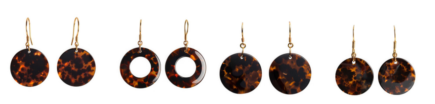 Seven tortoiseshell earrings displayed in a row isolated on transparent background