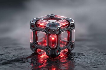 futuristic gadget resembling a floating cube with pulsing lights
