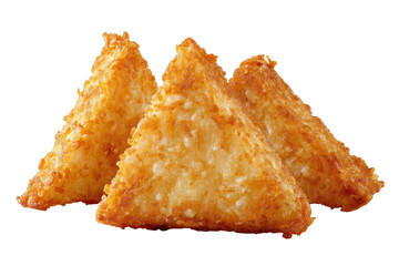 Three golden brown crispy hash brown triangles isolated on transparent background. Golden brown crispy samosas food isolated on white background.