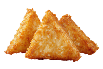 Three golden brown crispy hash brown triangles isolated on transparent background. Golden brown crispy samosas food isolated on white background.