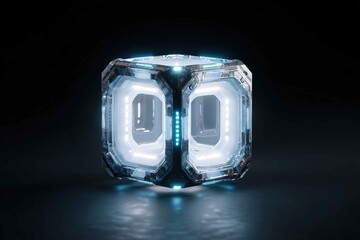 futuristic gadget resembling a floating cube with pulsing lights
