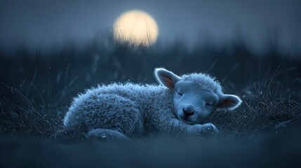 Serene Lamb's Dream: Moonlit Slumber in Tranquil Meadow