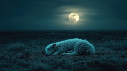 Tranquil Sheep Under Moonlit Sky: Serene Nighttime Scene, Dreamy Atmosphere.