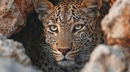 Leopard in rocks blending into natural camouflage with intense gaze, spotted coat, and wild terrain in predator scene